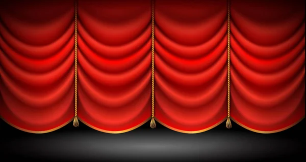 Cortinas vermelhas fechadas com cordas de ouro e borlas, stand up, ópera ou teatro show fundo. vetor —  Vetores de Stock