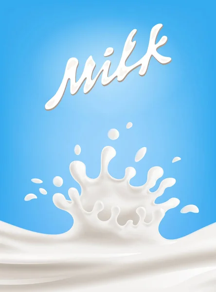 Realistic splash of milk on blue background with sign Milk, vector illustration. — Stock Vector