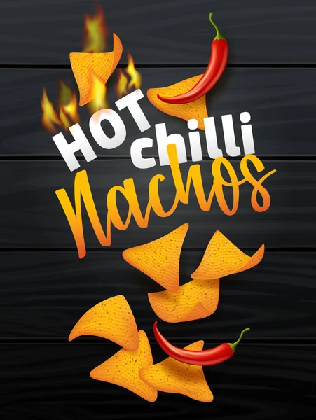 Set de chips de maíz Nachos oo fondo de madera oscura con chile. Comida rápida tradicional mexicana, ilustración vectorial en estilo realista. — Vector de stock