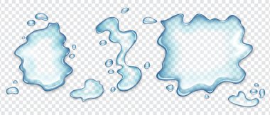 Water spill puddles or spilled water top view set, aqua liquid splashes with scattered drops. Hydration spots elements isolated on transparent background, Realistic vector Illustration. clipart