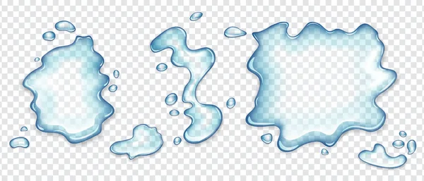 Water spill puddles or spilled water top view set, aqua liquid splashes with scattered drops. Hydration spots elements isolated on transparent background, Realistic vector Illustration. — Stock Vector