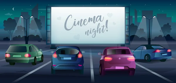 Bannière vectorielle de nuit cinéma en style dessin animé. Cinéma drive-in avec grand écran et affiche voitures. Auditoire regardant un film romantique ou un spectacle sur un parking en plein air classique dans l'obscurité — Image vectorielle