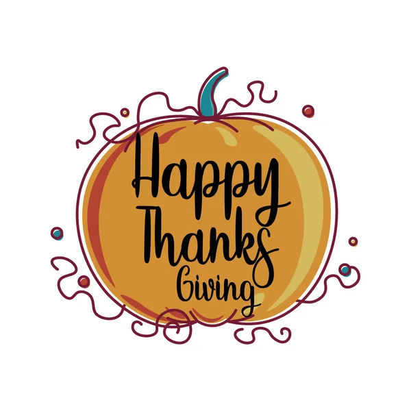 Vettore disegnato a mano Happy Thanksgiving tipografia in autunno banner zucca. Testo della celebrazione con bacche e foglie per cartolina, icona o distintivo. — Vettoriale Stock