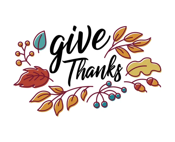 Vector Hand drawn Happy Thanksgiving typography in autumn wreath banner. Celebration text with berries and leaves for postcard, icon or badge. — Stock Vector