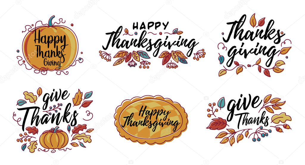 Set of Hand drawn Happy Thanksgiving typography in autumn wreath banner. Celebration text with berries and leaves for postcard, icon or badge. Vector calligraphy lettering holiday quote.