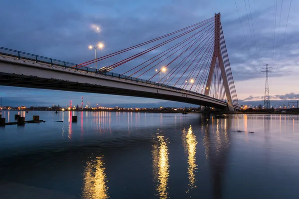 Cable Ficou Ponte Sobre Rio Martwa Wisla Anoitecer Gdansk Polónia — Fotografia de Stock