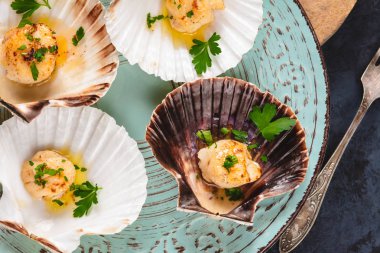 Tereyağı, sarımsak ve maydanoz ile kurutulmuş tarak shell.