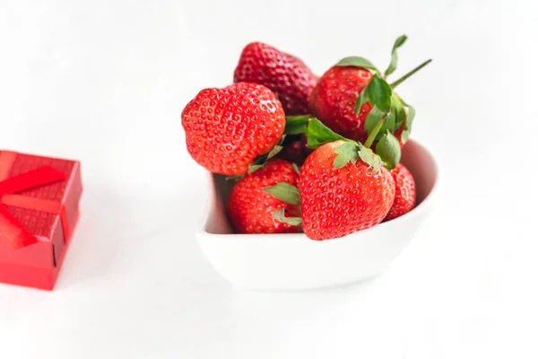 Fresh Strawberries Heart Shaped Bowl Isolated White Background Valentine Day — Stock Photo, Image