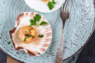 Tereyağı, sarımsak ve maydanoz ile kurutulmuş tarak shell.