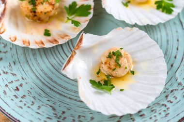 Tereyağı, sarımsak ve maydanoz ile kurutulmuş tarak shell.