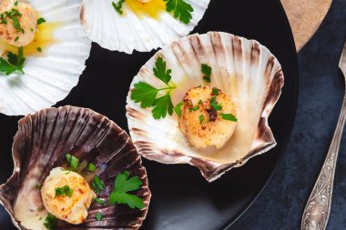 Tereyağı, sarımsak ve maydanoz ile kurutulmuş tarak shell.