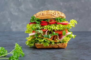 Jambon, peynir ve taze sebze karanlık bir tahta üzerinde büyük sandviç. Kahvaltı konsepti.