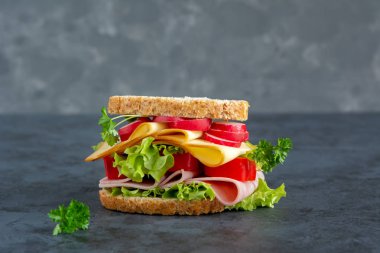 Jambon, peynir ve karanlık bir arka plan üzerinde taze sebze ile Graham ekmek sandviç. Kahvaltı konsepti.