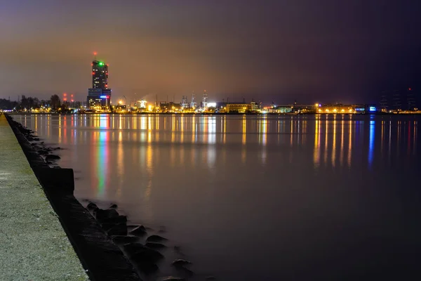 Marina Iluminada Gdynia Noite Mar Baltice Polónia — Fotografia de Stock