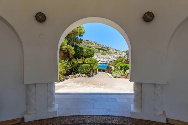 Rhodes Grecia Mayo 2018 Vista Del Mar Costa Desde Kallithea — Foto de Stock