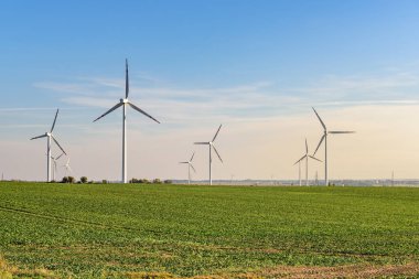 Yel değirmenleri için elektrik enerjisi üretim Polonya ülke tarafında tarım alanları ile çevrili. Pomerania, Polonya.