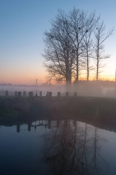 Μυστηριώδη Ομίχλη Βράδυ Ένα Πεδίο Κοντά Στον Ποταμό Την Ώρα — Φωτογραφία Αρχείου