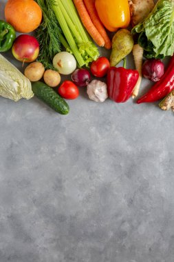 Taze sebze ve meyve arka planı. Üst Görünüm, Boşluğu Kopyala.