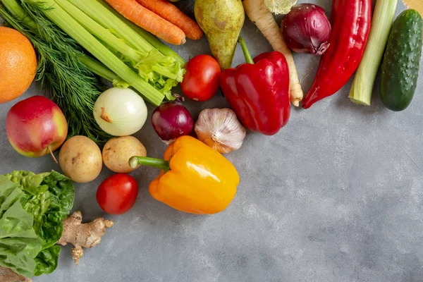 Légumes et fruits frais fond. Vue du dessus, Espace de copie. — Photo