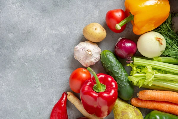 Légumes et fruits frais fond. Vue du dessus, Espace de copie. — Photo