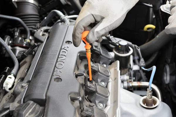 Bedzin, Polska-15 lipca 2019: Man kontrola poziomu oleju w silniku samochodowym Honda CR-V. — Zdjęcie stockowe