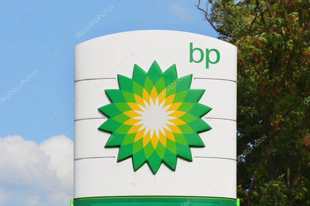 BEDZIN, POLAND - July 15, 2019: BP gas station sign in sunny day