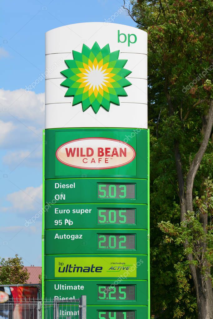 BEDZIN, POLAND - July 15, 2019: BP gas station sign in sunny day