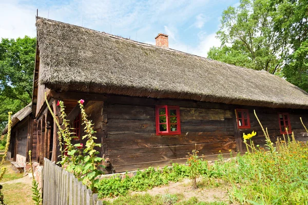 Старый дом с соломенной крышей в Музее народной культуры в Осеке на берегу реки Нотец, этнографический парк занимает площадь в 13 га. Польша, Европа — стоковое фото