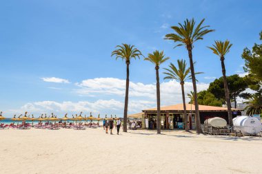 Mallorca, İspanya - 11 Mayıs 2019: Mallorca, İspanya'daki Playa de Alcudia plajında Pam ağaçları
