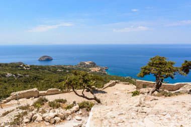 Rodos adasının batı yakasında vahşi bitki örtüsü olan kayalık sahil. Yunanistan