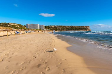 Son Bou plajı, Menorca adasının en popüler plajlarından biri. İspanya.