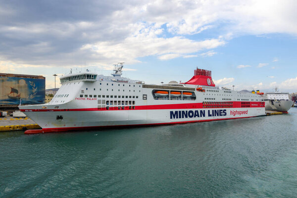 Piraeus, Greece - May 13, 2024: The Festos Palace, wonderful flagship of the Minoan Lines fleet. Port of Piraeus, Greece