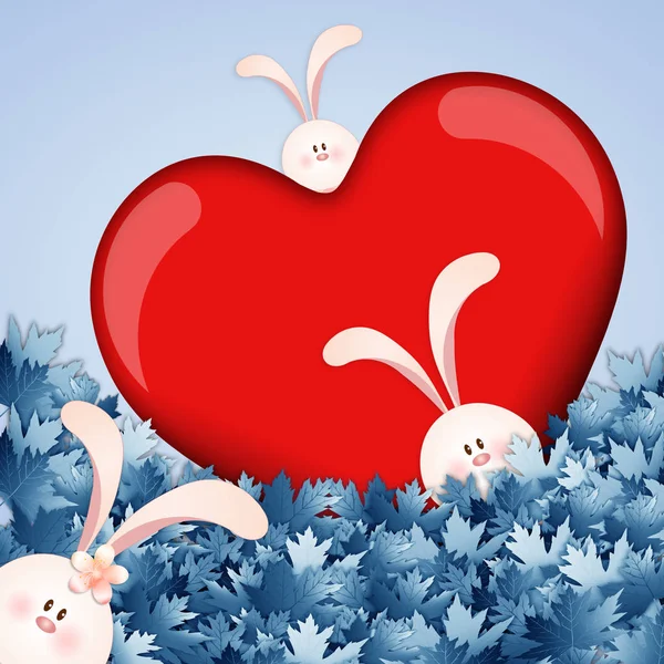 Rabbits Red Heart — Stock Photo, Image