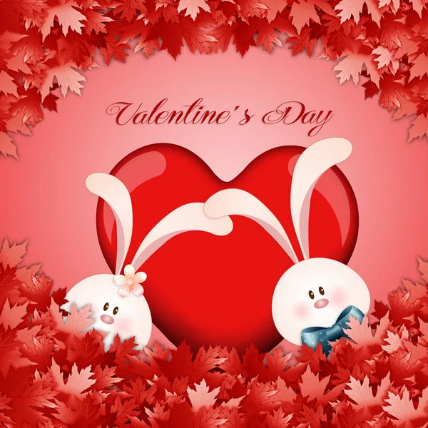 Cute Bunnies Red Heart Valentine Day — стоковое фото