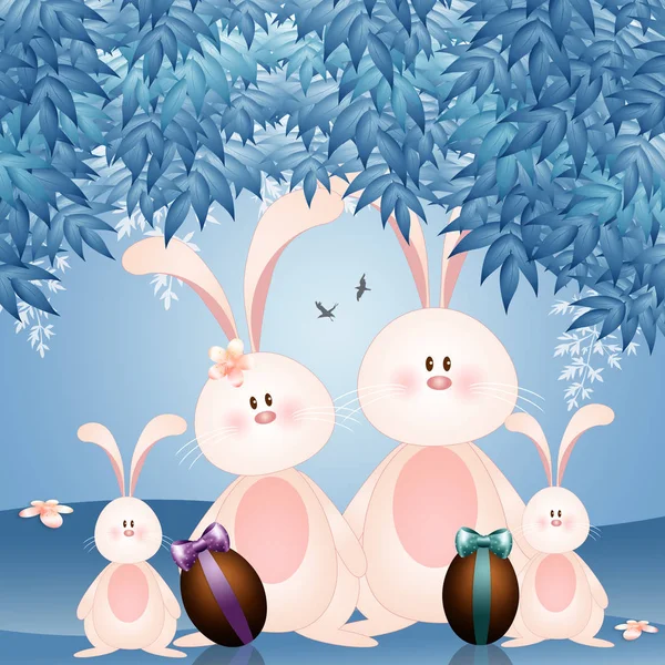 family illustration of bunnies with chocolate eggs