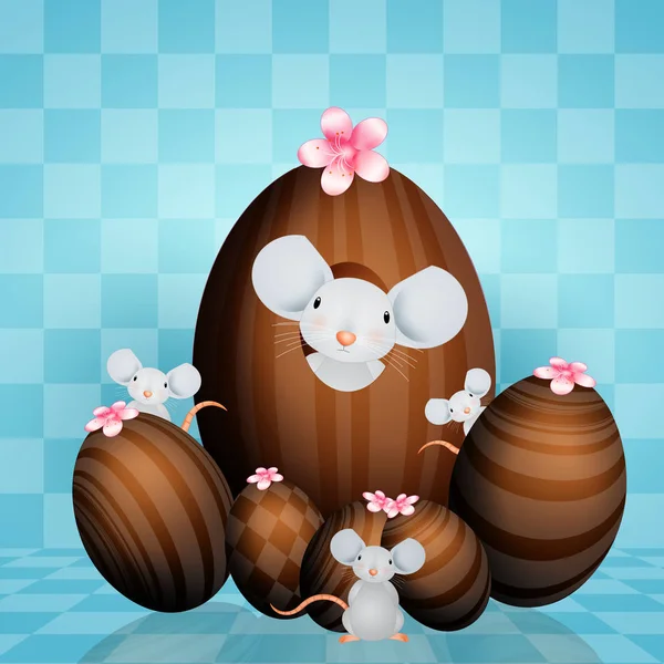Illustrazione Famiglia Simpatici Topi Con Uova Cioccolato — Foto Stock