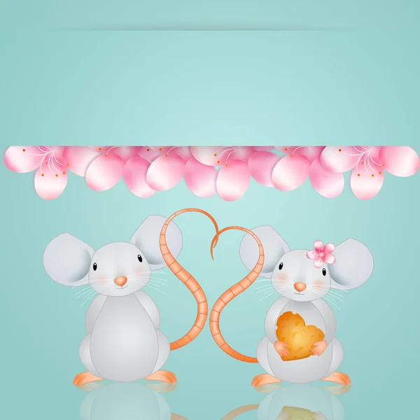 Illustration Couple Mice Hearts — Stock Photo, Image