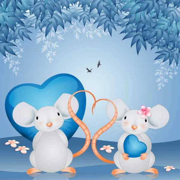 Illustration Couple Mice Hearts — Stock Photo, Image