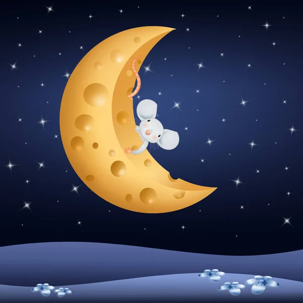 チーズの月には素敵なマウスのイラスト — ストック写真
