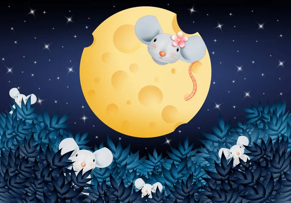 Χαριτωμένο Μικρό Ποντίκι Στο Φεγγάρι Σχήμα Ένα Τυρί — Φωτογραφία Αρχείου