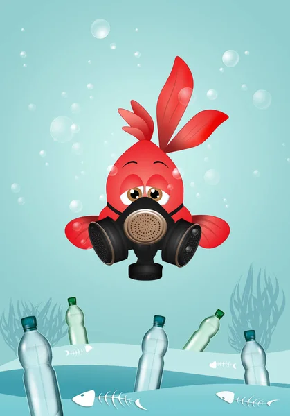 Illustration Red Fish Gas Mask Plastic Bottles — Stock Photo, Image