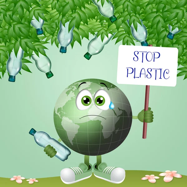 Illustratie Van Groene Aarde Met Plastic Flessen — Stockfoto