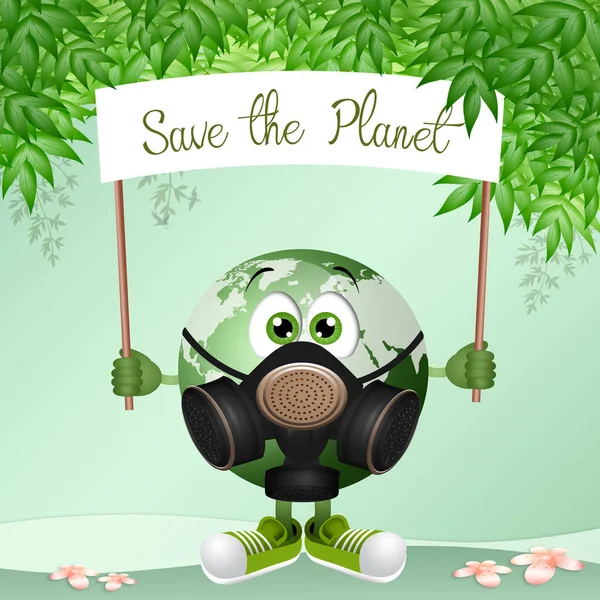 Ilustración Tierra Verde Con Máscara Gas Para Contaminación —  Fotos de Stock
