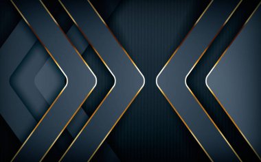 Karanlık örtüşen tabakalar soyut arkaplan. Açık altın çizgili süslemeli modern şekil. Gerçekçi boyut tasarım vektör çizimi.