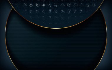 Karanlık örtüşen tabakalar soyut arkaplan. Açık altın çizgili süslemeli modern şekil. Gerçekçi boyut tasarım vektör çizimi.