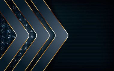 Karanlık örtüşen tabakalar soyut arkaplan. Açık altın çizgileri, gümüş parıltıları ve altın parıltılı süslemeleri olan modern şekil. Gerçekçi boyut tasarım vektör çizimi.