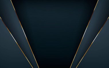 Karanlık örtüşen tabakalar soyut arkaplan. Açık altın çizgili süslemeli modern şekil. Gerçekçi boyut tasarım vektör çizimi.