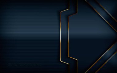 Karanlık örtüşen tabakalar soyut arkaplan. Açık altın çizgili süslemeli modern şekil. Gerçekçi boyut tasarım vektör çizimi.