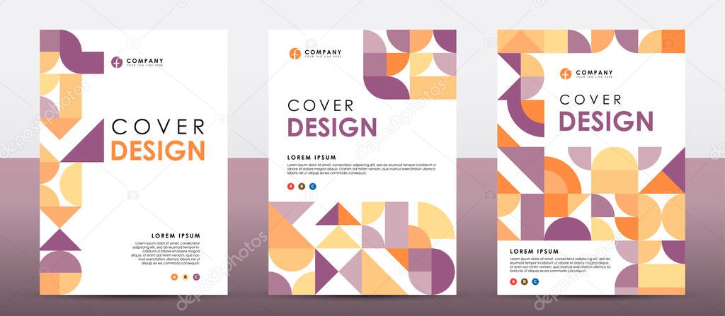 Set of retro cover design template. Purple and orange color shape.