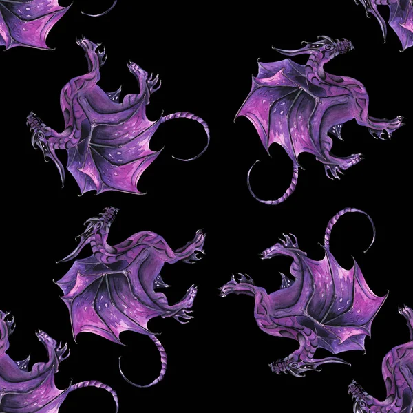 Seamless pattern dragon fantasy animal watercolor illustration